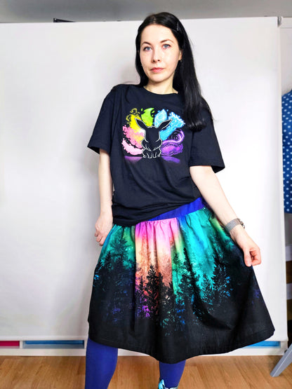 Woman wearing skirt with colourful aurora print