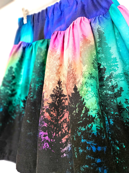 Skirt with colourful aurora print against a white background