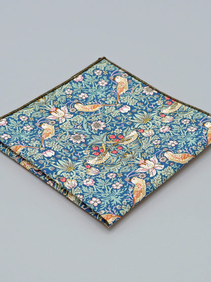William Morris Strawberry Thief print floral patterned pocket square with a bird and strawberry motif