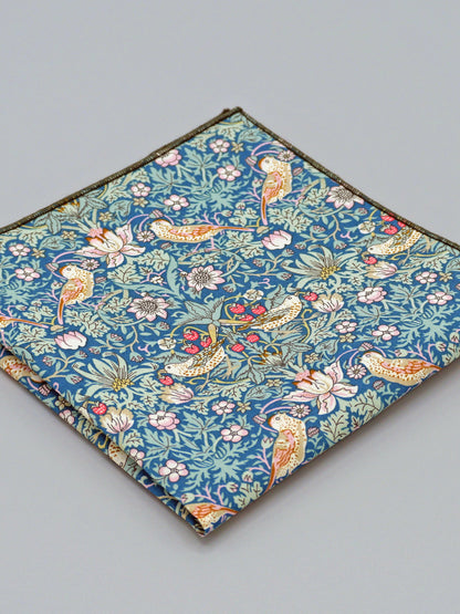 William Morris Strawberry Thief print floral patterned pocket square with a bird and strawberry motif