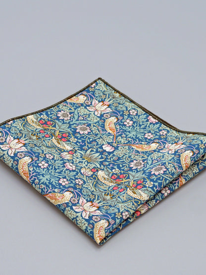 William Morris Strawberry Thief print floral patterned pocket square with a bird and strawberry motif