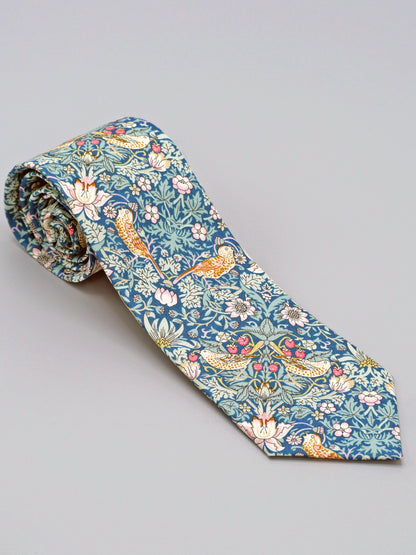 William Morris Strawberry Thief print floral patterned tie with a bird and strawberry motif