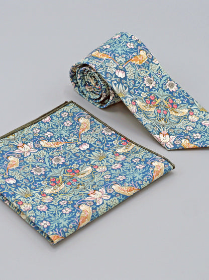 William Morris Strawberry Thief print floral patterned tie and a matching pocket square with a bird and strawberry motif